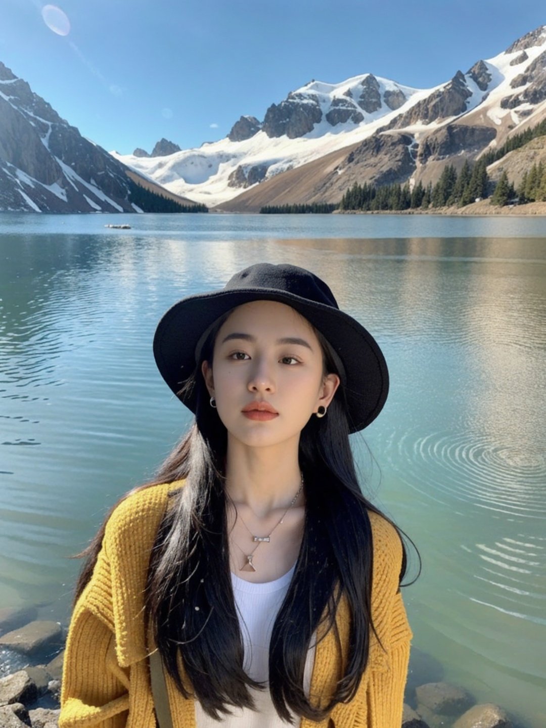 1girl, solo, hat, jewelry, long hair, realistic, black hair, earrings, outdoors, photo background, mountain, necklace, river, looking at viewer, lake, day, nature, upper body, black eyes, lips, a woman with long hair wearing a hat and a backpack near a lake and mountains with snow on the tops