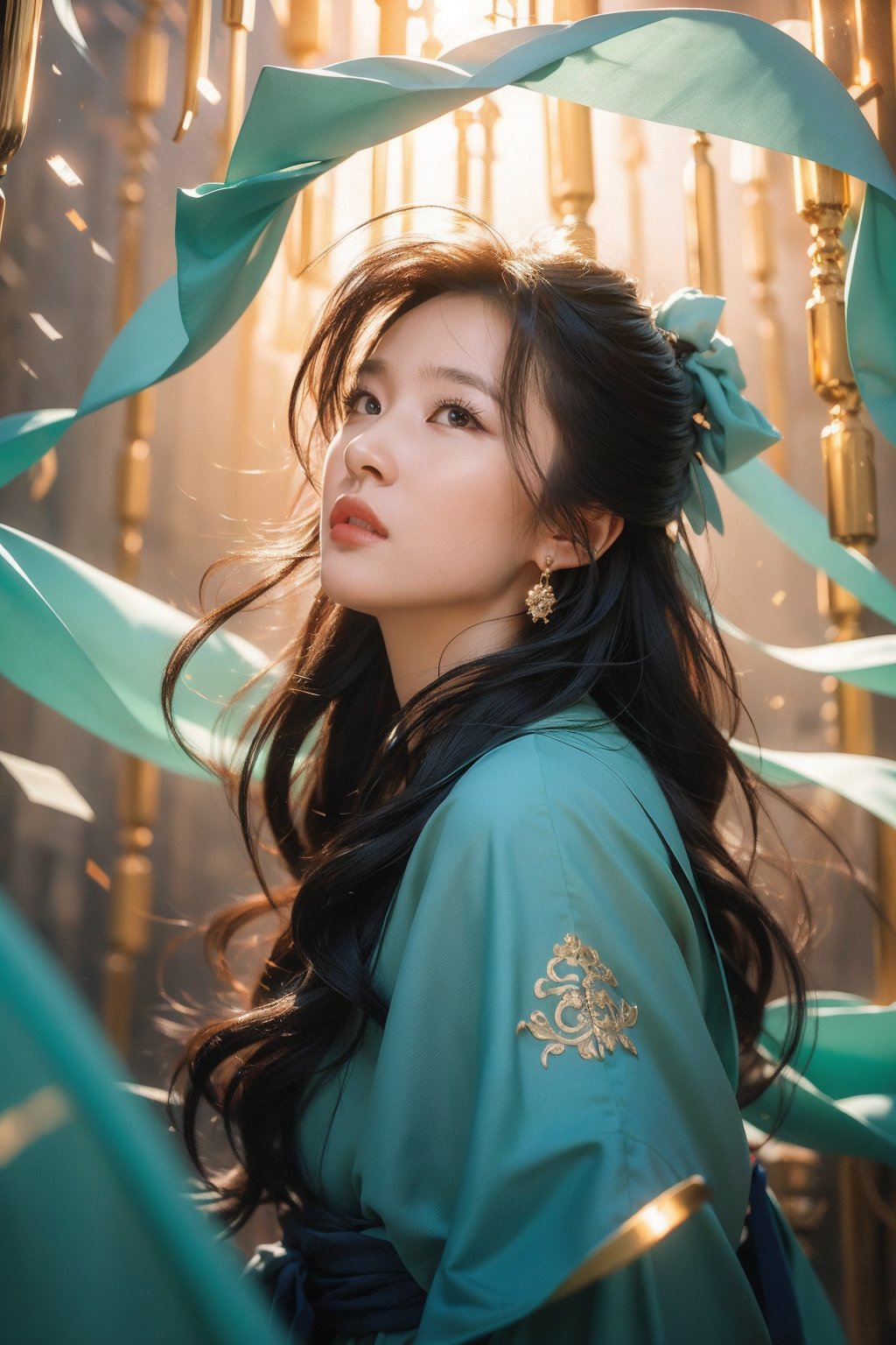  (Low angle shooting, ultra wide angle shooting), 1 girl, turquoise Hanfu, surrounded by golden runes, black hair, long hair, flowing hair, (facial focus), exquisite eyebrows, beautiful facial features, (upper body: 1.2), sparkling rune blue Hanfu, (surrounded by rotating long rolls: 1.2) optimal image quality, 3D rendering, looking up, ultra wide angle, fish eyes, lens focus, ultra realistic and meticulous, High detail texture, ultra high quality,16k

,汉服