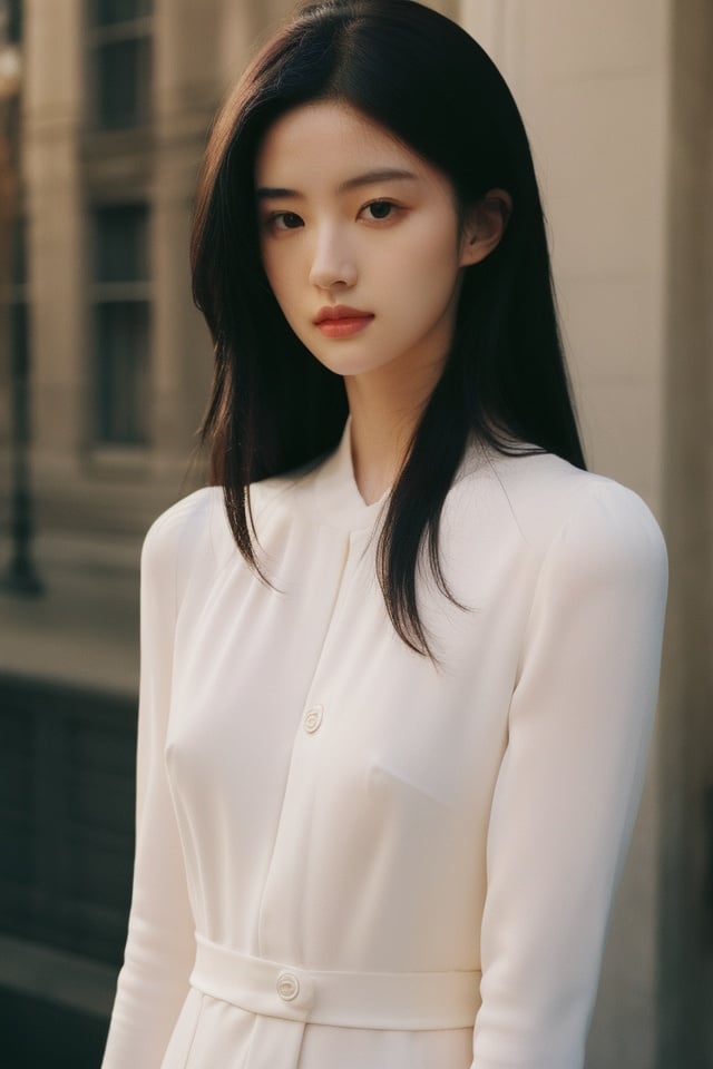  1girl,black_hair,Balenciaga model,looking at viewer,pale skin,blurry_background,realistic,solo,upper_body,,