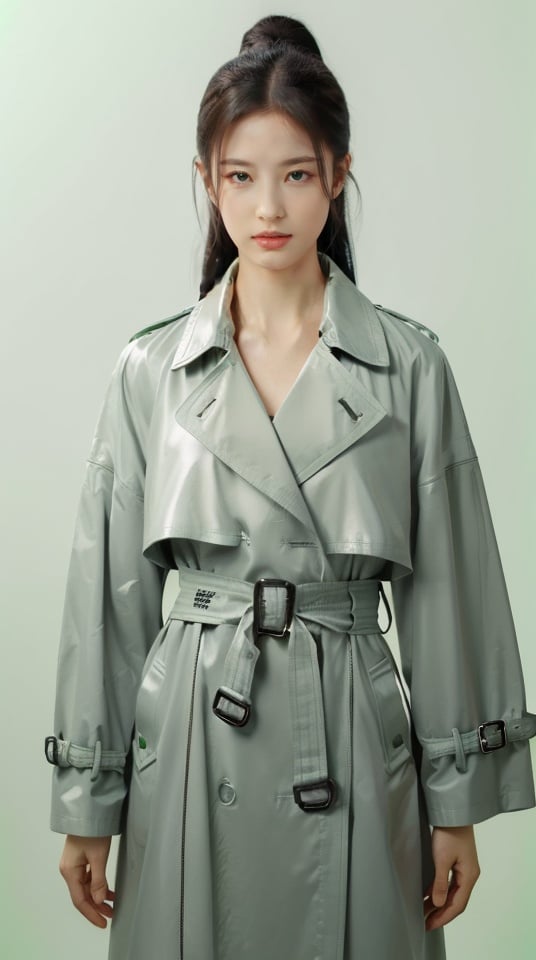 ((Prada leather trench coat with a belted waist and oversized collar)),((Carolina Herrera)),double braided ponytail,(((cowboy shot))), 1girl, 3d, masterpiece, best quality, ultra highres, sharp focus, professional, delicate, finely detailed, detailed skin, professional lighting, mature, idol, confident pose,makeup,style of alessandro michele,looking at viewer, ((simple background)), ((light crystal green background:1.1)), <lora:fugu:0.2>,<lora:MonkRen Lighting:0.75>  <lora:jjy:0.5>