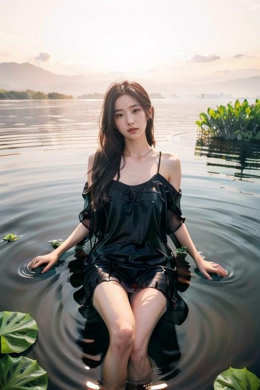 createdby梨花, Real skin, Chest rounded and plump,Tall figure, fair complexion, clear eyelids, bright eyes, dark brown wavy hair,teenage, beautiful facial details and skin texture, A girl,look at viewer, lying on a huge lotus leaf, lotus pond, red carp swimming and tugging in the water, fishes,dewdrops, cinematography, cinematic lighting effects, bikini,Half body, Long hair flying,The wind blows, long hair, watermelon, a basket of watermelon, Realistic, realistic,  (((masterpiece))), best quality,Correct scale, masterpiece, best quality, ultimate detail, illustrations, ultra high definition, ultra detail, 8k resolution, ultra high resolution, best image quality, high detail, spread leg  ,see-through dress,hand101,科技