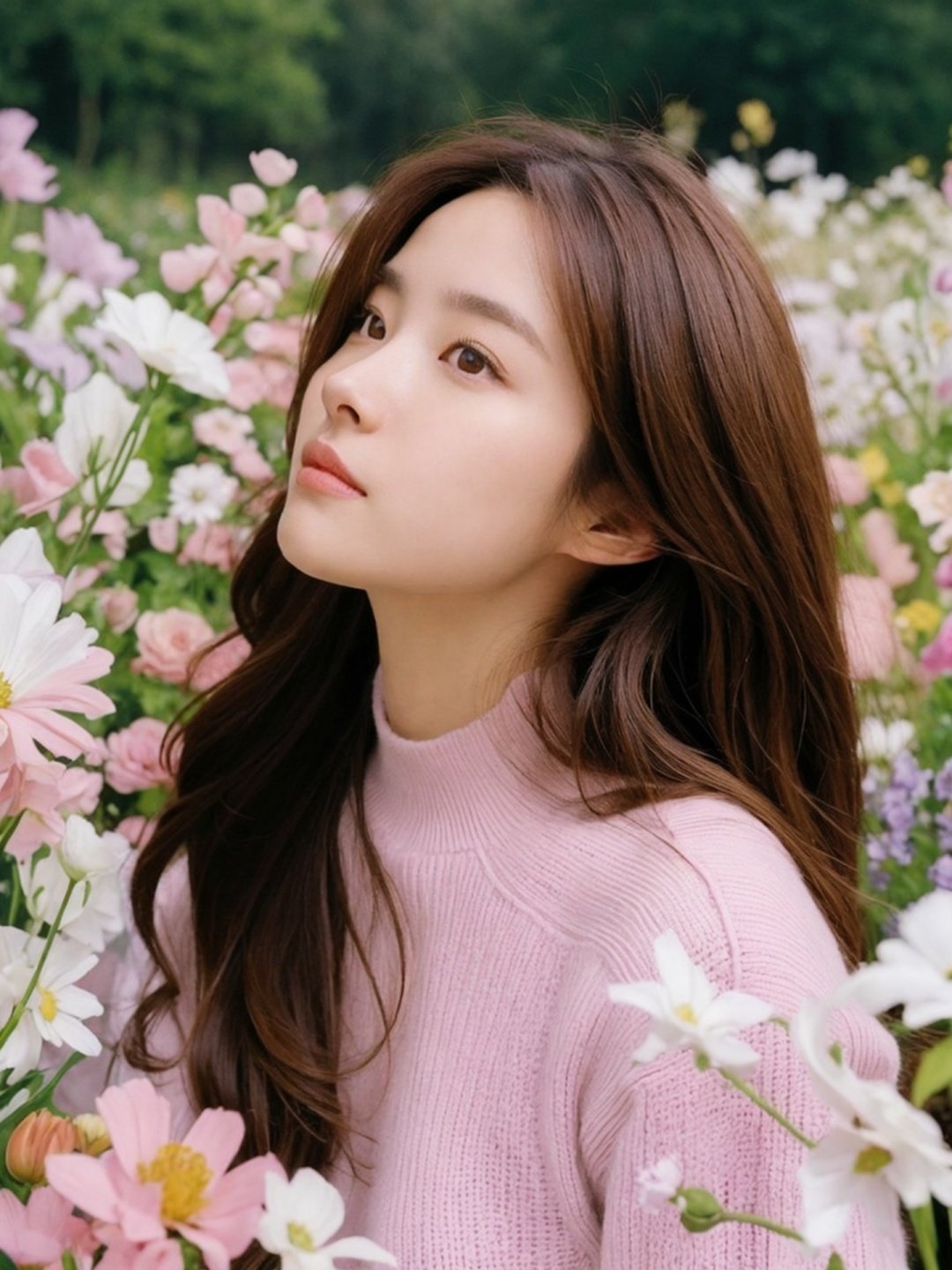 1girl, flower, solo, brown hair, long hair, brown eyes, lips, white flower, sweater, looking up, blurry, realistic, closed mouth, a woman sitting in a field of flowers with long hair and a pink sweater on her shoulders and a pink shirt on her shoulders