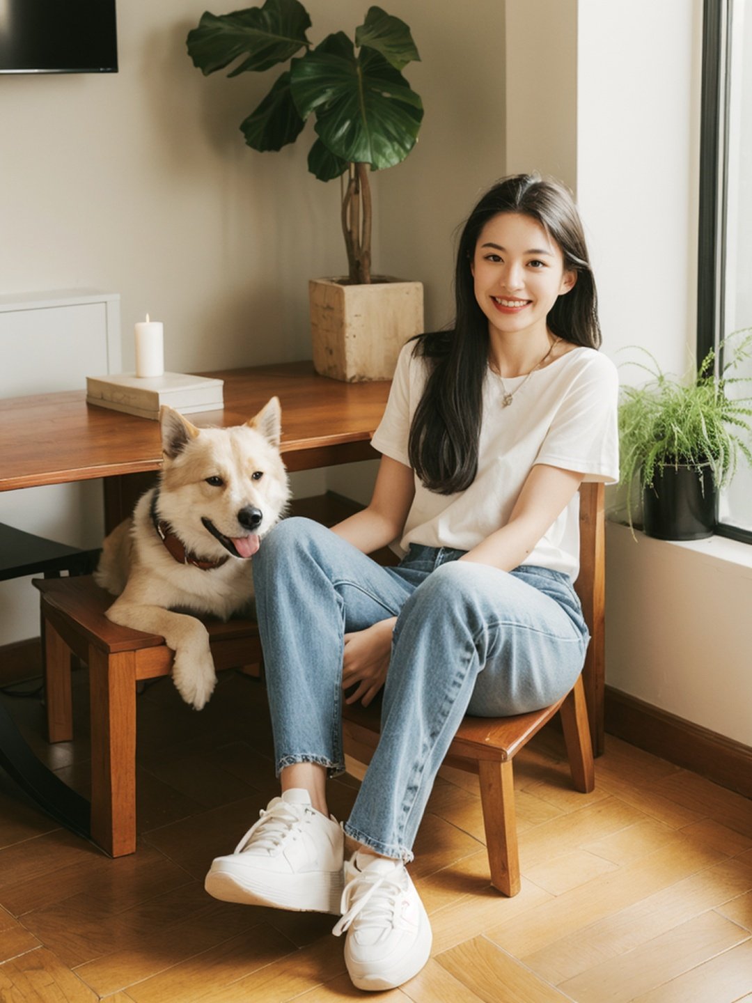 1girl, long hair, pants, jewelry, smile, dog, black shirt, shirt, denim, sitting, necklace, jeans, black hair, looking at viewer, indoors, solo, table, short sleeves, realistic, animal, chair, white footwear, shoes, bracelet, wooden floor, teeth, grin, plant, socks, sneakers, blue pants, a woman sitting on a bench with a dog in front of her and a plant in the background with a potted plant in the background