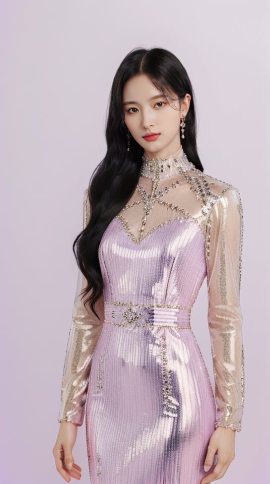 ((Gucci crystal-embellished gown with long sleeves and a high neck)),((Gareth Pugh)),curly hair,(((cowboy shot))), 1girl, 3d, masterpiece, best quality, ultra highres, sharp focus, professional, delicate, finely detailed, detailed skin, professional lighting, mature, idol, confident pose,makeup,style of alessandro michele,looking at viewer, ((simple background)), ((light violet deep background:1.1)), <lora:fugu:0.2>,<lora:MonkRen Lighting:0.75>  <lora:jjy:0.5>