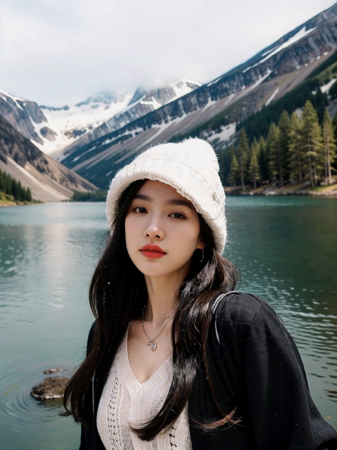  1girl, solo, hat, jewelry, long hair, realistic, black hair, earrings, outdoors, photo background, mountain, necklace, river, looking at viewer, lake, day, nature, upper body, black eyes, lips, a woman with long hair wearing a hat and a backpack near a lake and mountains with snow on the tops