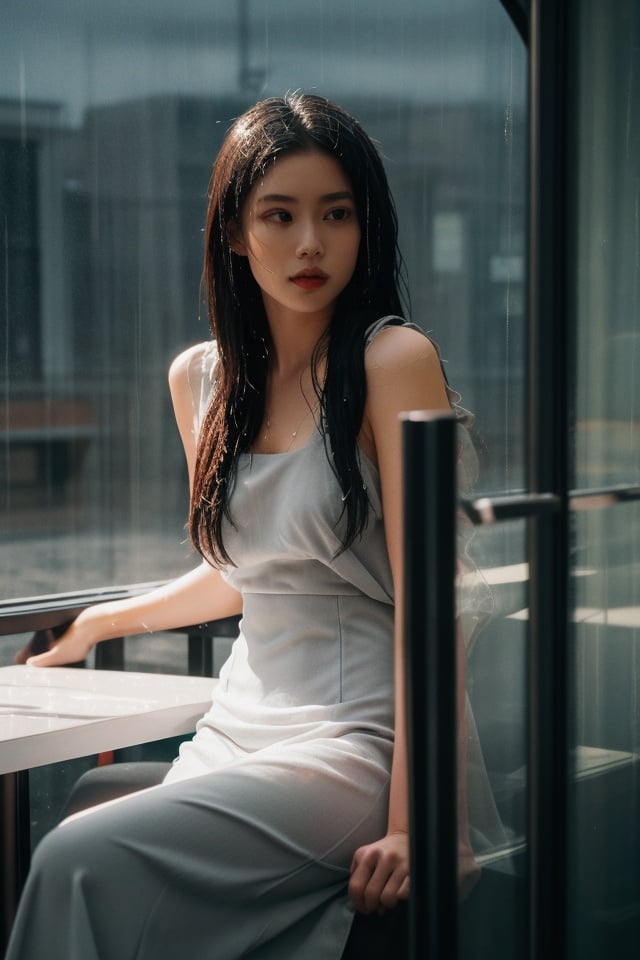 Photo of 1girl sitting in a cafe,skinny,tight dress,(cinematic look:1.4),soothing tones,insane details,intricate details,hyperdetailed,low contrast,soft cinematic light,blurry,(dim colors:0.6),hdr,raw,slate gray atmosphere,(raining outside:1.2),wet glass,<lora:zipai:0.65>,