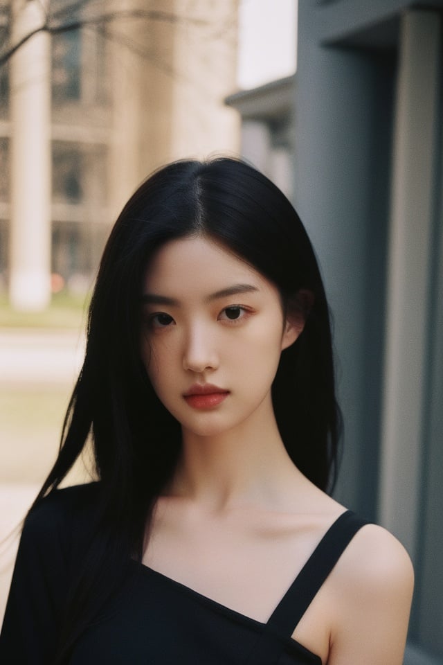 1girl,black_hair,Balenciaga model,looking at viewer,pale skin,blurry_background,realistic,solo,upper_body,<lora:zipai:0.8>,