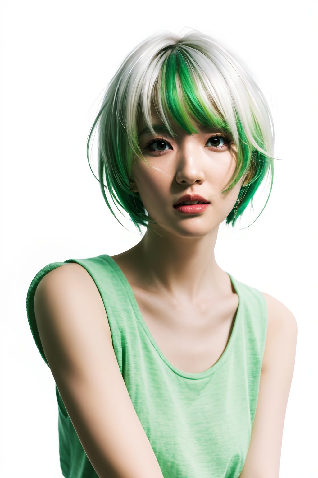  blunt bangs, masterpiece, best quality, best illustration, ultra-detailed, upper body, solo, 1 girl, looking at viewer, upright, arms at sides, beautiful detailed eyes, concept art, white background, simple background, white hair, green gradient hair, expressionless, blush, virtual youtuber, short hair,blonde hair, monkren