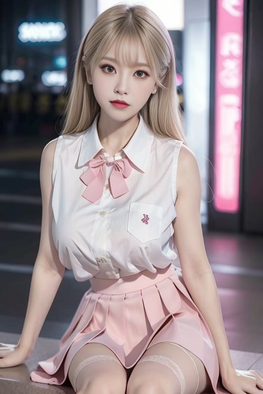 best quality, ultra high res, (photorealistic:1.4), 1woman, sleeveless pink button shirt, pink skirt, black choker, cute, (Kpop idol), (aegyo sal:1), (platinum blonde hair:1), ((puffy eyes)), looking at viewer, full body, facing front,   <lora:chillpink:1>