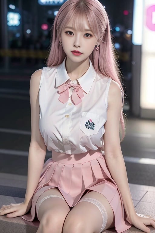 best quality, ultra high res, (photorealistic:1.4), 1woman, sleeveless pink button shirt, pink skirt, black choker, cute, (Kpop idol), (aegyo sal:1), (platinum blonde hair:1), ((puffy eyes)), looking at viewer, full body, facing front,   <lora:chillpink:1>