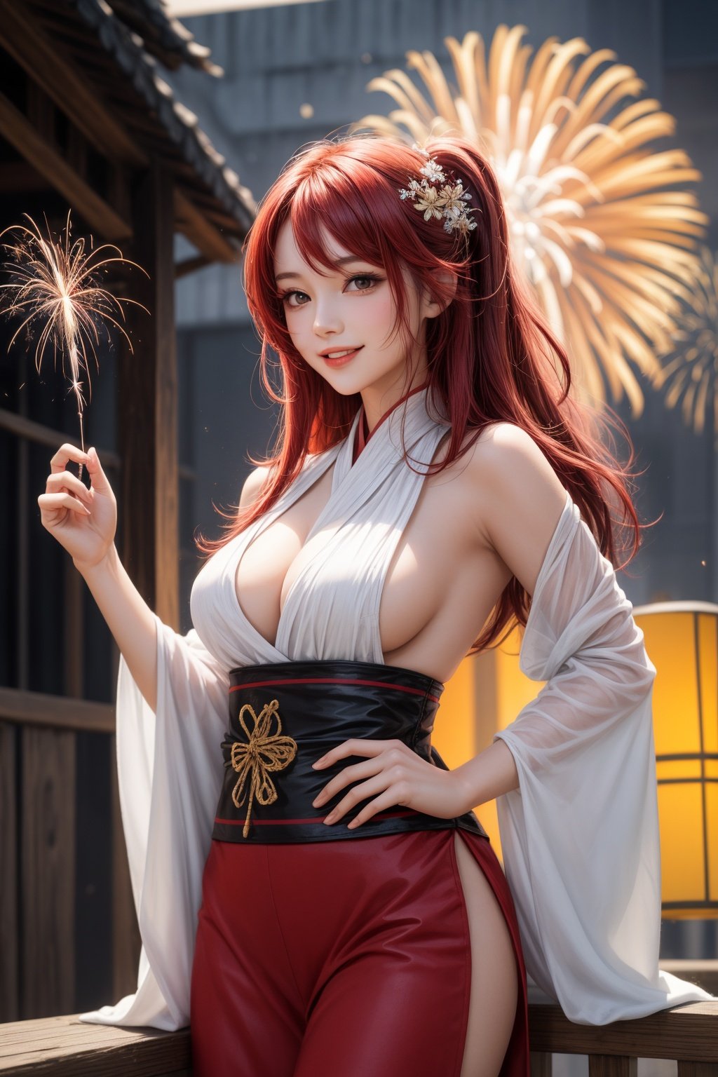 masterpiece, best quality, 1girl, black eyes, long hair, red hair,standing,red hanfu, colorful, large breasts, topless, light smile, nature, hair ornament, firework,