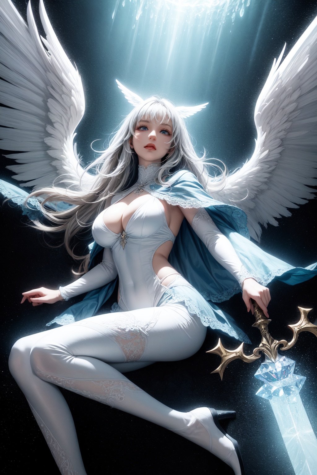 floating,Hydaelyn(ffxiv),gorgeous details,huge silvery angel wings,sharp wings,blue crystal chip aura,mother,white bodysuit,prominent blue lace pattern,pure white skin,white cape,white crystal sword,blue eyes, solo,sharp crystal feet, medium boob,medium long curly hair,head wings,huge blue glow crystal In the background,divinity,elegant,kindly,sacred,orderly,In the starry sea floor,