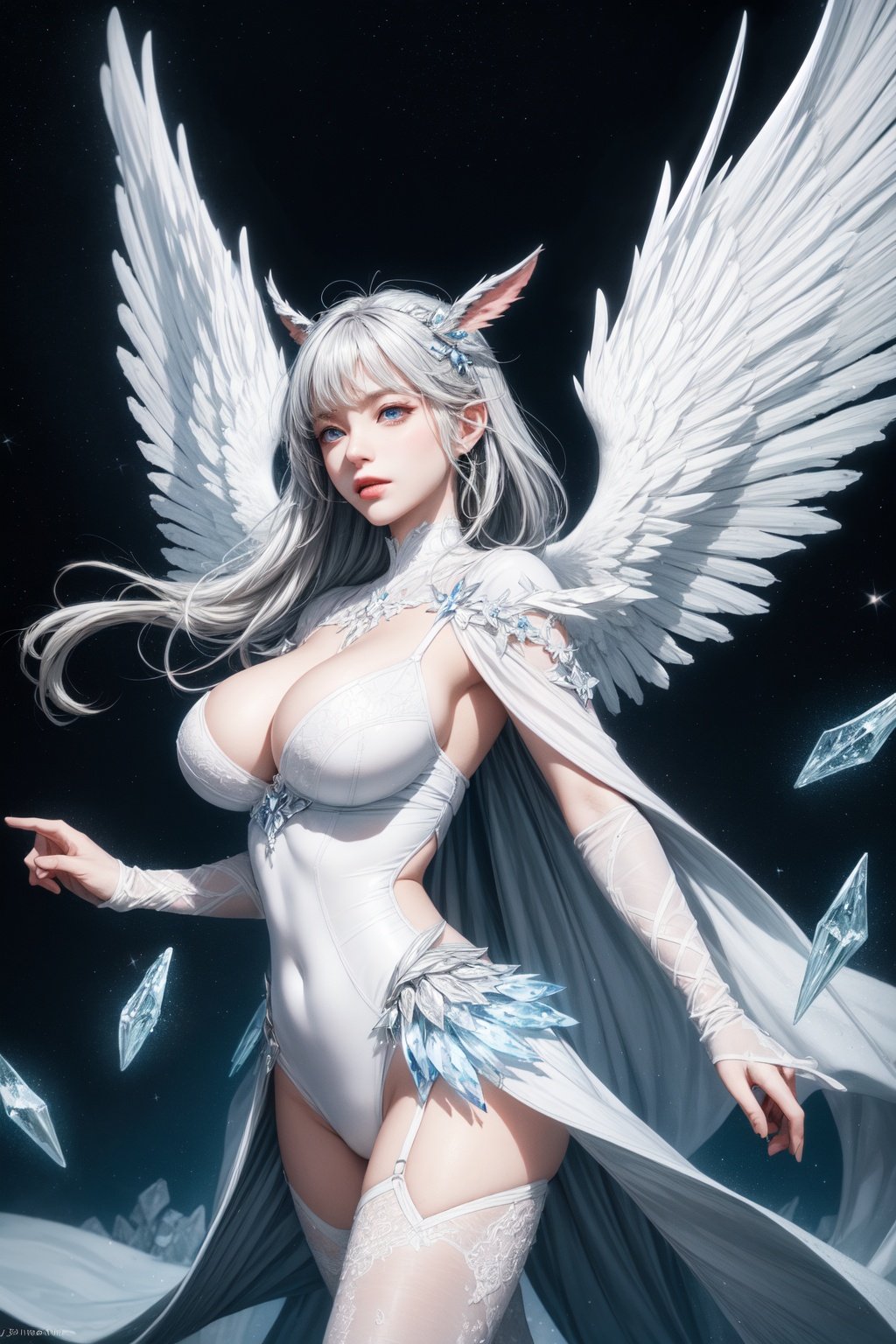 floating,Hydaelyn(ffxiv),gorgeous details,huge silvery angel wings,sharp wings,blue crystal chip aura,mother,white bodysuit,prominent blue lace pattern,pure white skin,white cape,white crystal sword,blue eyes, solo,sharp crystal feet, medium boob,medium long curly hair,head wings,huge blue glow crystal In the background,divinity,elegant,kindly,sacred,orderly,In the starry sea floor,