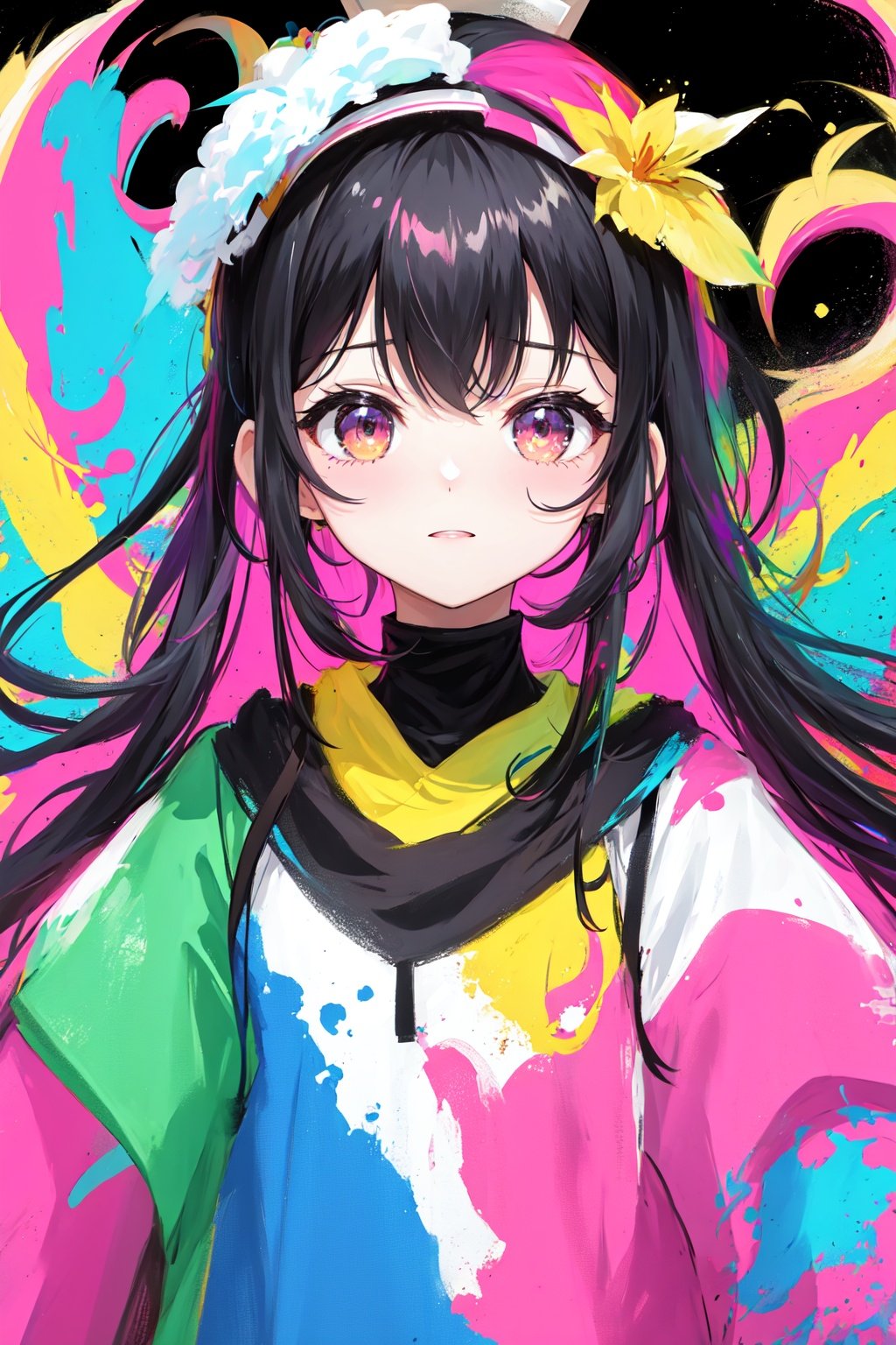 portraiture,1child_girl,rough_lines,cute,symbol,black_hair,multicolored_hair,multicolored_eyes,sketch,cute,colorful,colorful,multicolor,Gradient_color,colorful_splashes,long_hair,baggy_clothes,growing_clothes,growing_eyes,graffiti,Simple_background,Color_splash,chibi,sketch,cartoon,Smooth_hair,cloud,headband,rainbow