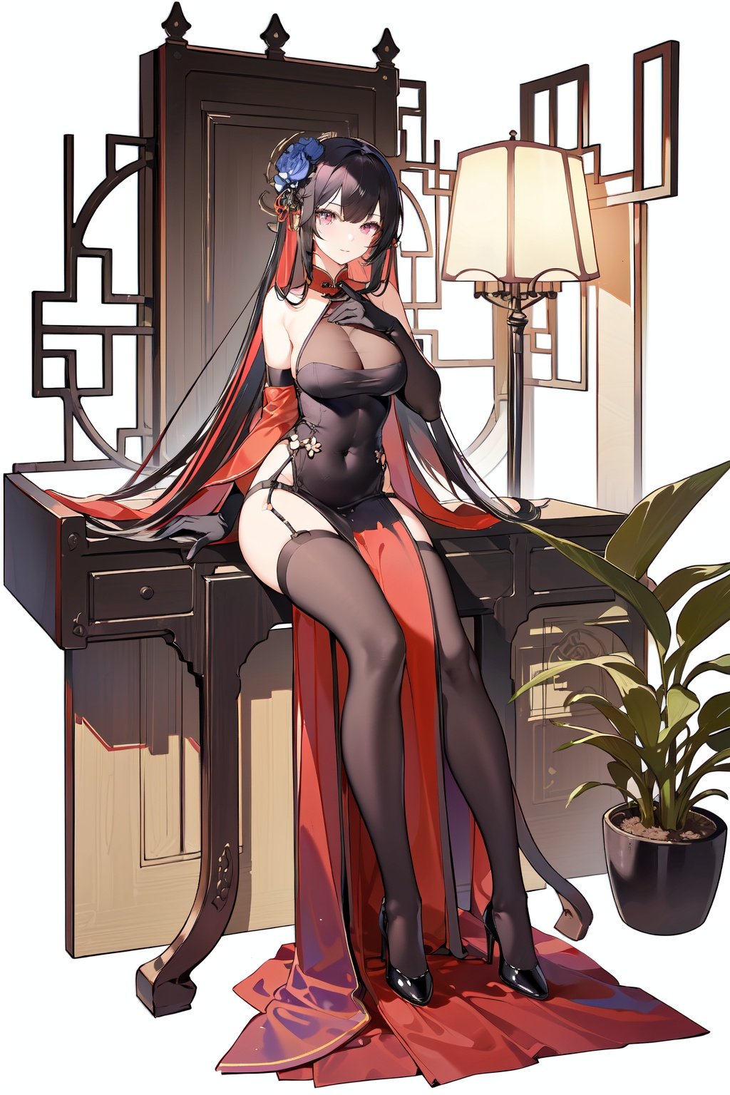 [(white background:1.5)::5], (imid shot:0.95), (full body:1.25), Dynamic angle, (falt color:1.3),colorful1girl, breasts, official alternate costume, black hair, gloves, bodystocking, large breasts, looking at viewer, elbow gloves, solo, long hair, bare shoulders, flower, pantyhose, dress, chinese clothes, lace-trimmed gloves, hair ornament, full body, black gloves, chair, sitting, black footwear, black flower, red eyes, covered navel, china dress, high heels, black dress, hair flower, black rose, taut dress, purple eyes, plant, taut clothes, indoors, clothing cutout, lamp, pelvic curtain <lora:azur lane_20230619144714-000018:0.8>