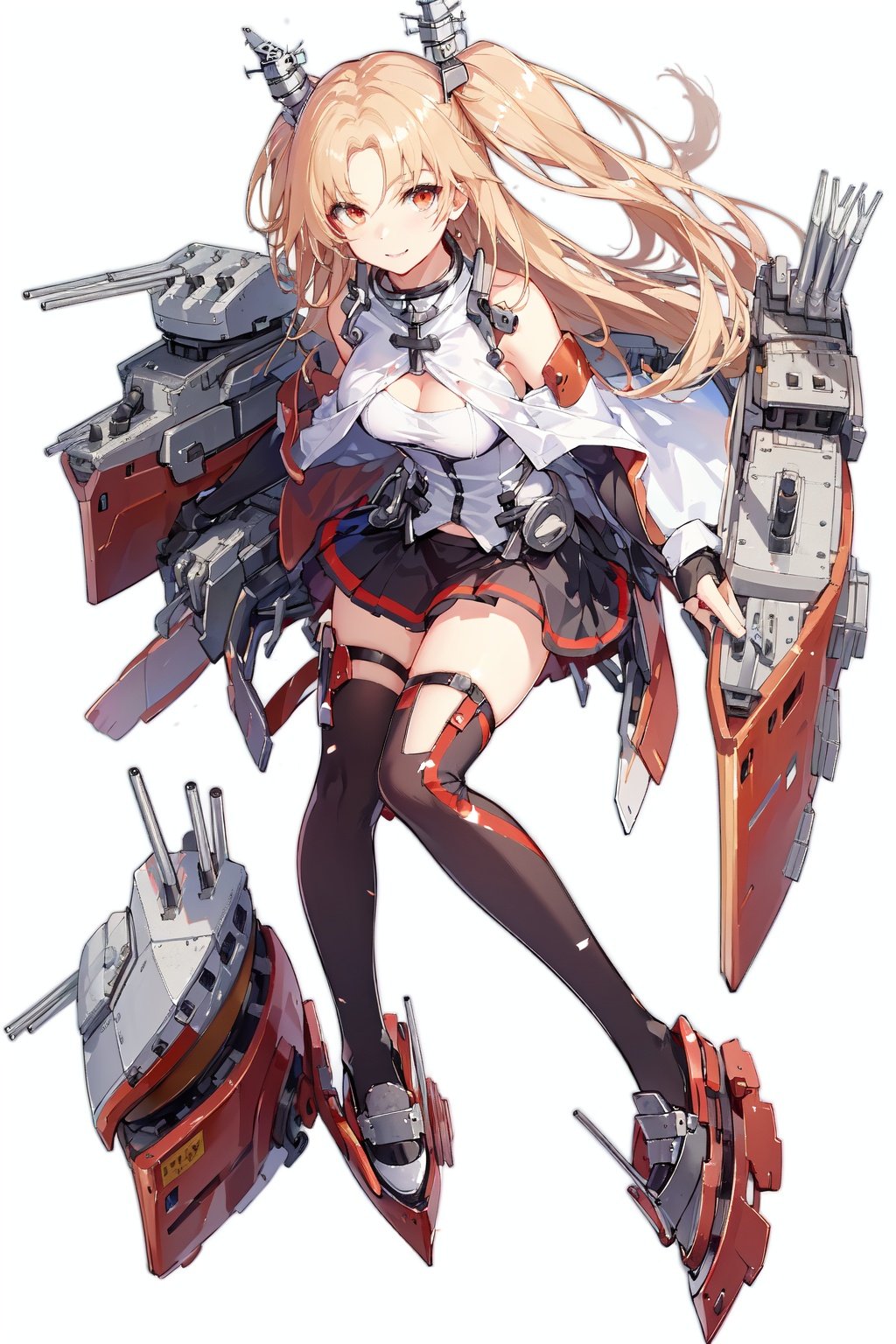 [(white background:1.5)::5], (imid shot:0.95), (full body:1.25), Dynamic angle, (falt color:1.3),colorfulrigging, machinery, cannon,turret, cleveland \(azur lane\),  <lora:azur lane_20230619144714-000018:0.6>  <lora:Cleveland_V1 (1):0.8>