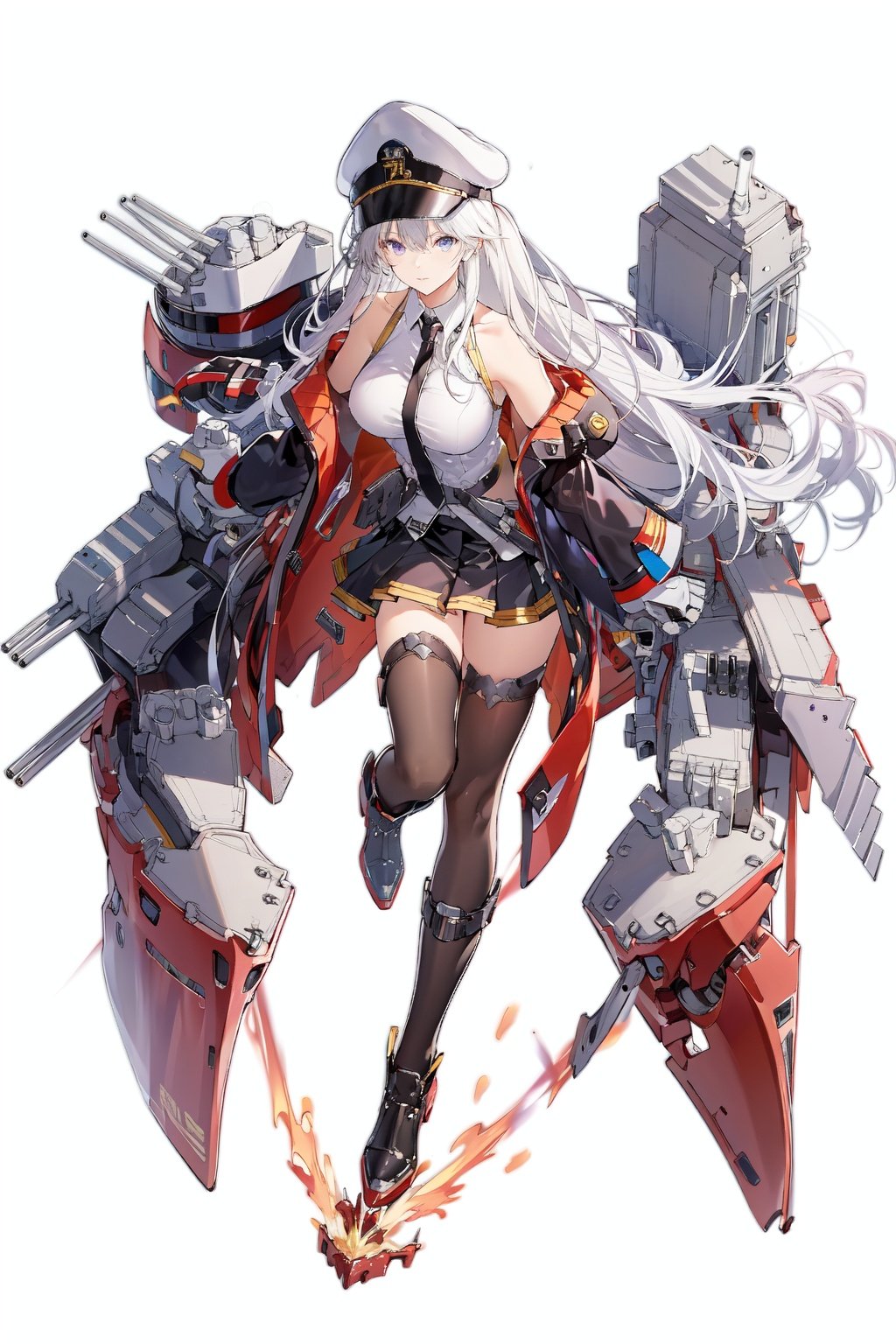 [(white background:1.5)::5], (imid shot:0.95), (full body:1.25), Dynamic angle, (falt color:1.3),colorfulrigging, machinery, cannon,turret, 1girl, enterprise (azur lane), eagle, hat, skirt, peaked cap, bow (weapon), weapon, long hair, thighhighs, purple eyes, white hair, shirt, necktie, flight deck, aircraft, miniskirt, airplane, black coat, bird, coat, white headwear, sleeveless shirt, sleeveless, white background, solo, pleated skirt, black necktie, black thighhighs, black belt, open clothes, military, open coat, breasts, simple background, military hat, belt, large breasts, full body, boots, looking at viewer <lora:azur lane_20230619144714-000018:0.6>    