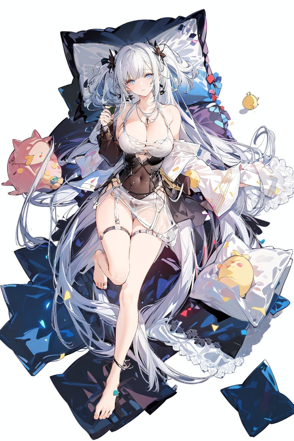 [(white background:1.5)::5], (imid shot:0.95), (full body:1.25), Dynamic angle, (falt color:1.3),colorful1girl, manjuu (azur lane), long hair, heterochromia, very long hair, breasts, nightgown, blue eyes, official alternate costume, absurdly long hair, red eyes, lying, looking at viewer, large breasts, on back, barefoot, pillow, white hair, thigh strap, cleavage, bare shoulders, two side up, full body, see-through, solo, bottle, necklace, underwear, multicolored hair, sleepwear, feet, lingerie, pajamas <lora:azur lane_20230619144714-000020:1>