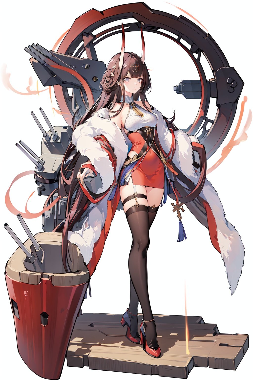 [(white background:1.5)::5], (imid shot:0.95), (full body:1.25), Dynamic angle, (falt color:1.3),colorfulrigging, machinery, cannon,turret, Azur Lane-noshiro <lora:azur lane_20230619144714-000018:0.6>  <lora:Azur Lane-noshiro fragrance of the eastern snow:0.8>