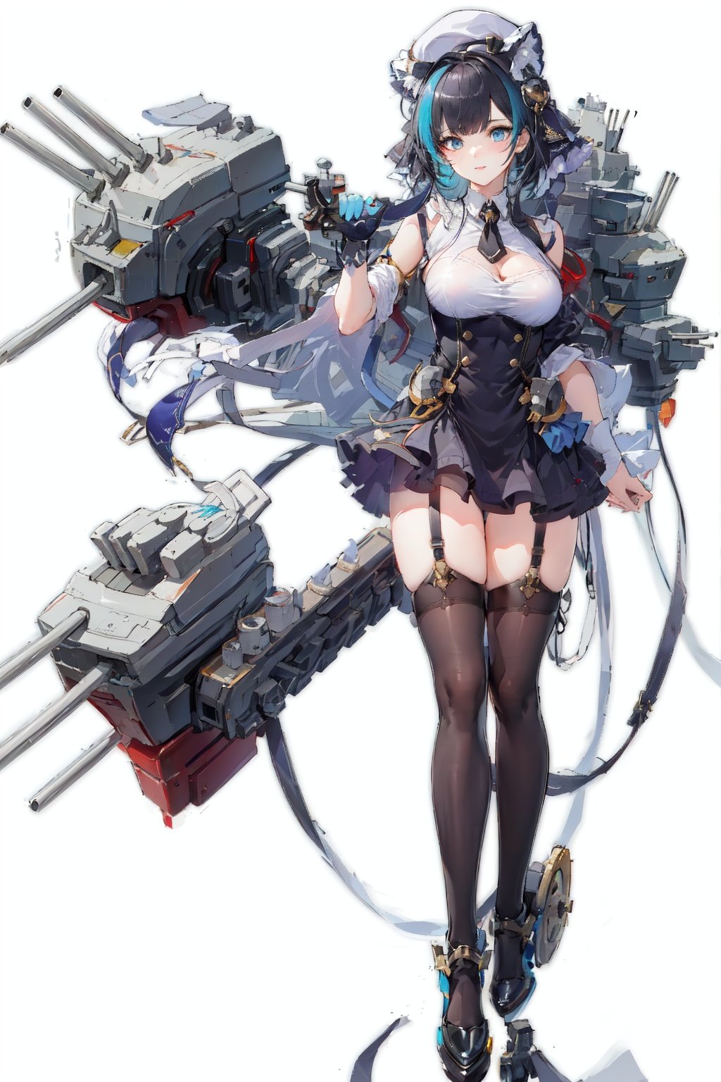 [(white background:1.5)::5], (imid shot:0.95), (full body:1.25), Dynamic angle, (falt color:1.3),colorfulrigging, machinery, cannon,turret, cheshire \(azur lane\), black hair, <lora:azur lane_20230619144714-000018:0.6> <lora:cheshireAzurLane_v10:0.7>