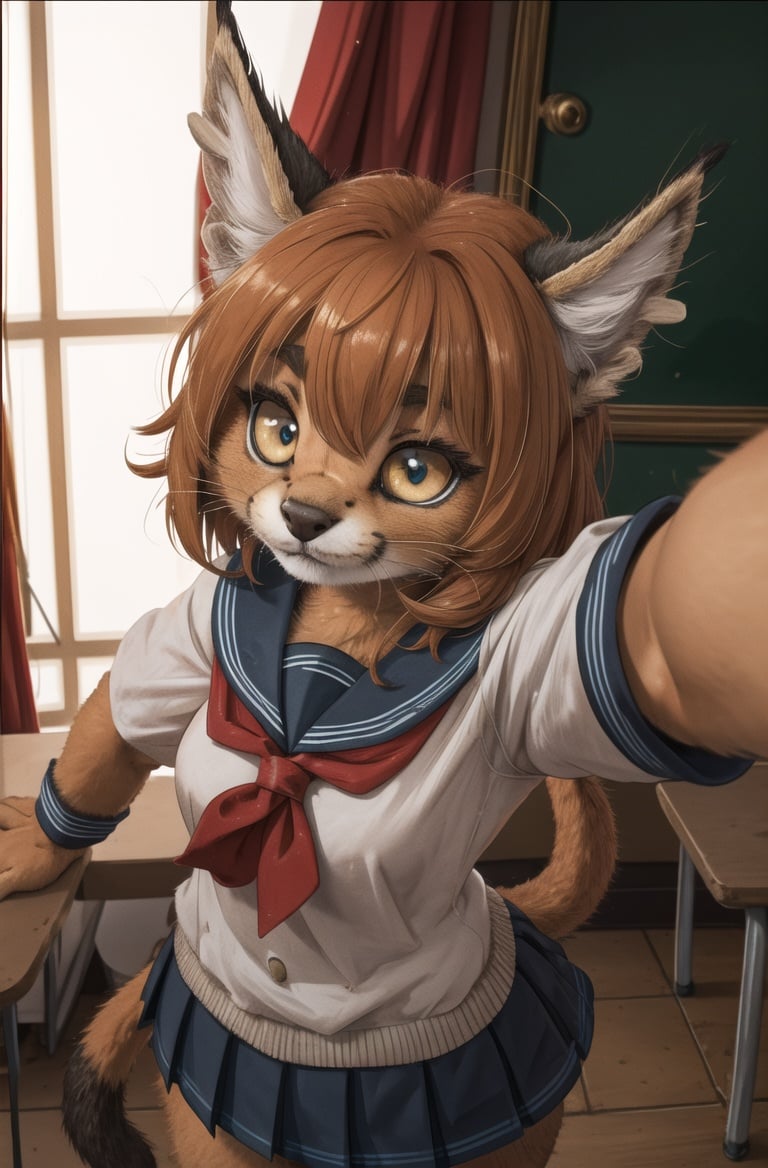 masterpiece, best quality,4k,hdr,perfect lighting 1girl,furry,solo,moscow,soviet,selfie, kitten,adorable,school uniform, looking at viewer,caracal,Communist ideology,dynamic pose,fur tail <hypernet:furry_kemono:0.5>  <lora:Caracal:0.7>