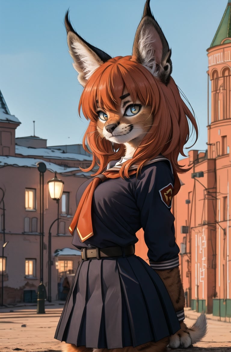 masterpiece, best quality,4k,hdr,perfect lighting 1girl,furry,solo,moscow,soviet,cowboy shot,fang,arm arms behind back, kitten,adorable,black school uniform, looking at viewer,caracal,Communist ideology,dynamic pose,fur tail,high detail fur,embarrassed,  <hypernet:furry_kemono:0.5>  <lora:Caracal:0.8>