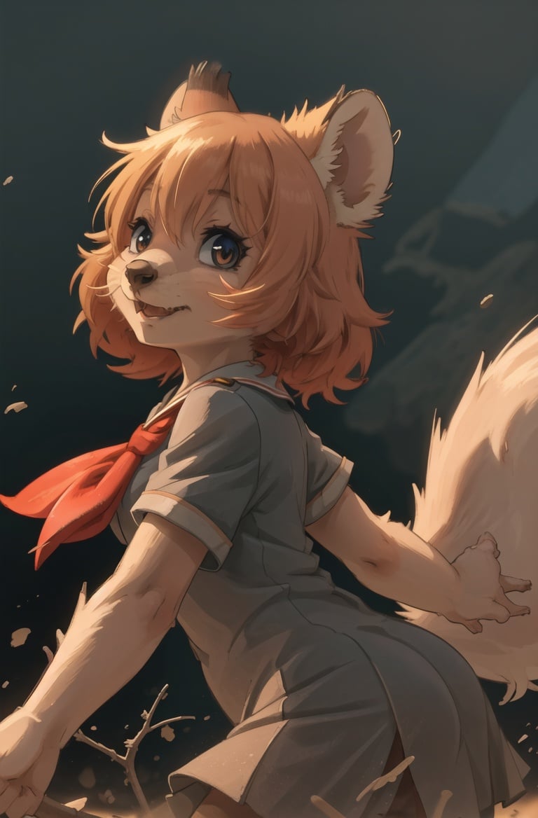 masterpiece, best quality,4k,hdr,perfect lighting 1girl,furry female,solo,moscow,soviet poster,young pionner,battlefield,boomkitten,adorable,black school uniform, looking at viewer,red neckchief,Communist ideology,dynamic pose,high detail fur,rat tail,from sidekemono friends, <hypernet:furry_kemono:0.5> <lora:output_name:0.4>,quokka <lora:ankamaV2:0.5>