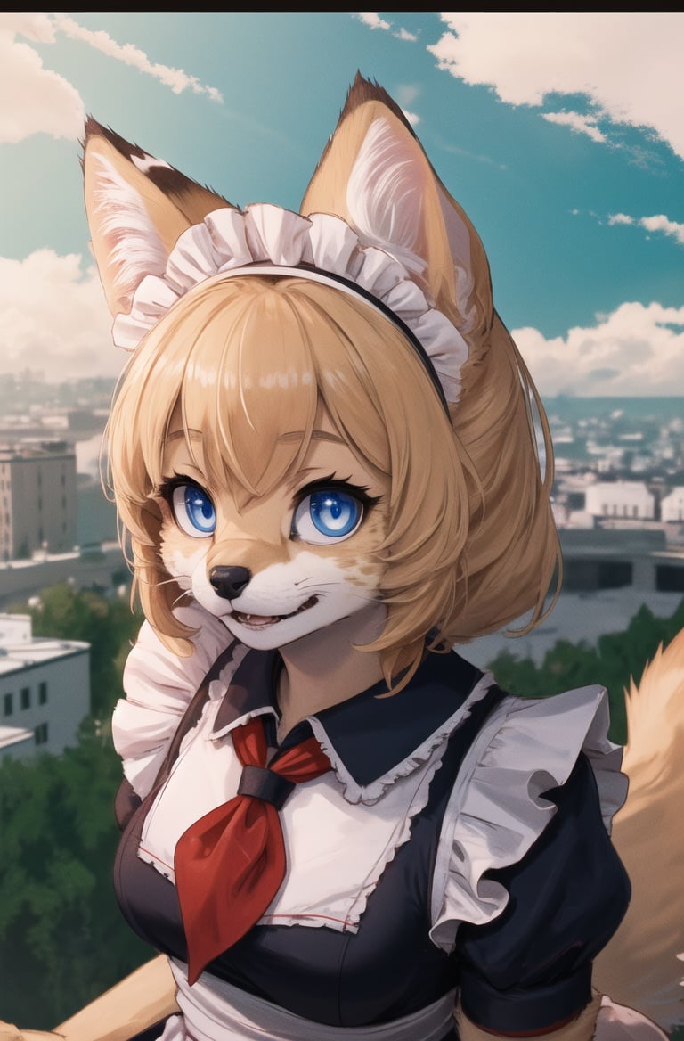 masterpiece, best quality,4k,hdr,perfect lighting 1girl,furry,solo,moscow,soviet poster,blonde,aircraft in sky,cat paws, blue eyes,day light ,blue sky,outdoors,kitten,adorable,maid uniform, looking at viewer,red neckchief,Communist ideology,dynamic pose,high detail fur,from above,tail <hypernet:furry_kemono:0.5>  <lora:servalcat:0.6>