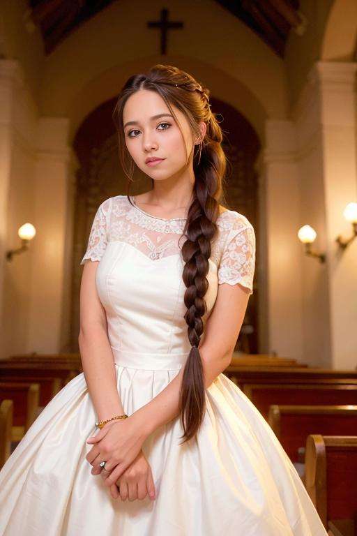 (long_braid_hairstyle:1.3),woman posing for a photo, wearing wedding dress,good hand,4k, high-res, masterpiece, best quality, head:1.3,((Hasselblad photography)), finely detailed skin, sharp focus, (cinematic lighting), night, soft lighting, dynamic angle, [:(detailed face:1.2):0.2],(((inside church))),  <lora:long_braid_hairstyle-10:0.5>