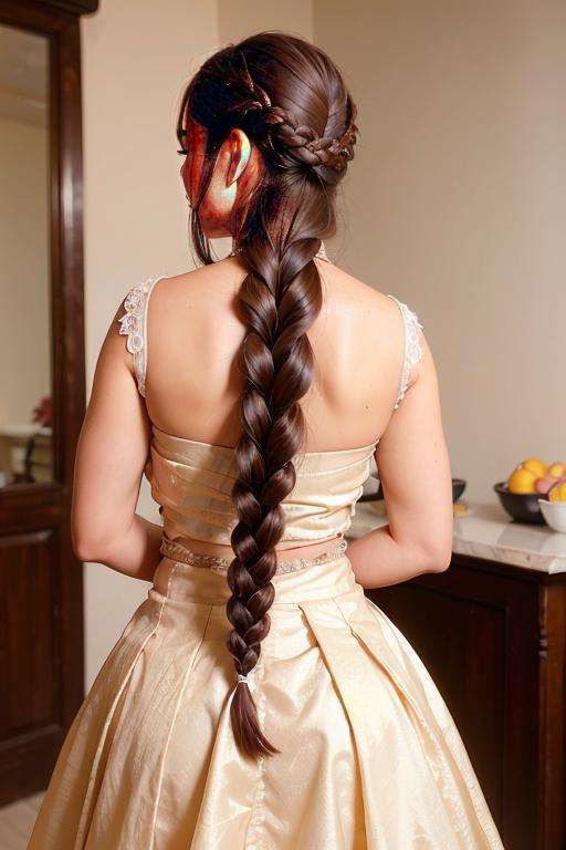 (long_braid_hairstyle:1.3),woman posing for a photo, wearing wedding dress,good hand,4k, high-res, masterpiece, best quality, head:1.3,((Hasselblad photography)), finely detailed skin, sharp focus, (cinematic lighting), night, soft lighting, dynamic angle, [:(detailed face:1.2):0.2],(((in hair salon))),  <lora:long_braid_hairstyle-10:0.5>