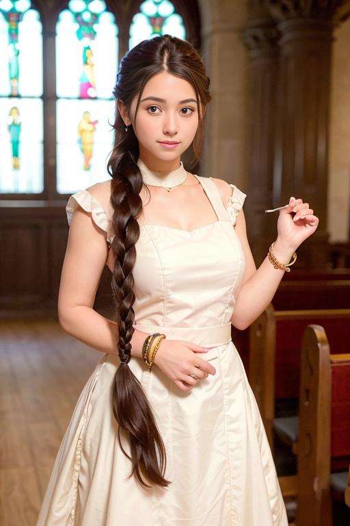 (long_braid_hairstyle:1.3),woman posing for a photo, wearing wedding dress,good hand,4k, high-res, masterpiece, best quality, head:1.3,((Hasselblad photography)), finely detailed skin, sharp focus, (cinematic lighting), night, soft lighting, dynamic angle, [:(detailed face:1.2):0.2],(((inside church))),  <lora:long_braid_hairstyle-10:0.5>