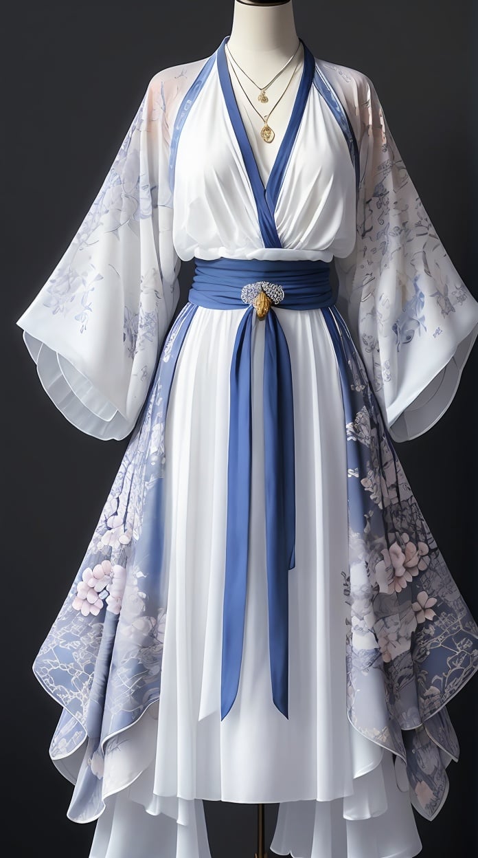 (best quality, masterpiece:1.2),photorealistic,ultra high res,front lighting,intricate detail,Exquisite details and textures,vibrant,face highlight,blue pattern, complex pattern, colorful，sexy,seductive,jewelry,necklace,floral print,japanese clothes,breasts,head out of frame,dress,joints,kimono,sash,bracelet,arms at sides,standing,simple background,see-through,wide sleeves,white dress,black background,(no humans:1.4),