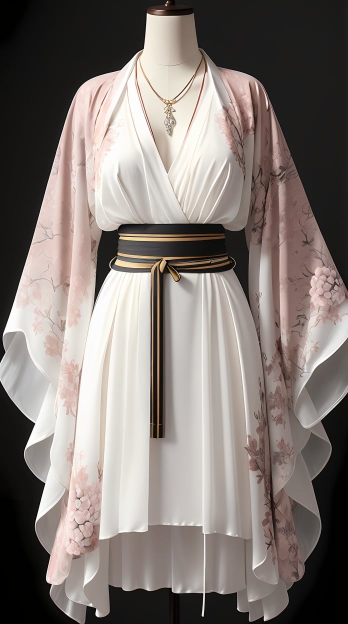 (best quality, masterpiece:1.2),photorealistic,ultra high res,front lighting,intricate detail,Exquisite details and textures,vibrant,face highlight,sexy,seductive,jewelry,necklace,floral print,japanese clothes,breasts,head out of frame,dress,joints,kimono,sash,bracelet,arms at sides,standing,simple background,see-through,wide sleeves,white dress,black background,(no humans:1.4),