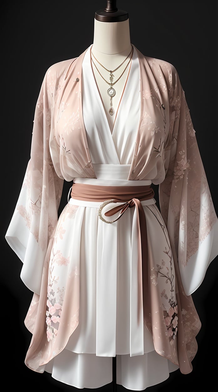 (best quality, masterpiece:1.2),photorealistic,ultra high res,front lighting,intricate detail,Exquisite details and textures,vibrant,face highlight,sexy,seductive,jewelry,necklace,floral print,japanese clothes,breasts,head out of frame,dress,joints,kimono,sash,bracelet,arms at sides,standing,simple background,see-through,wide sleeves,white dress,black background,(no humans:1.4),