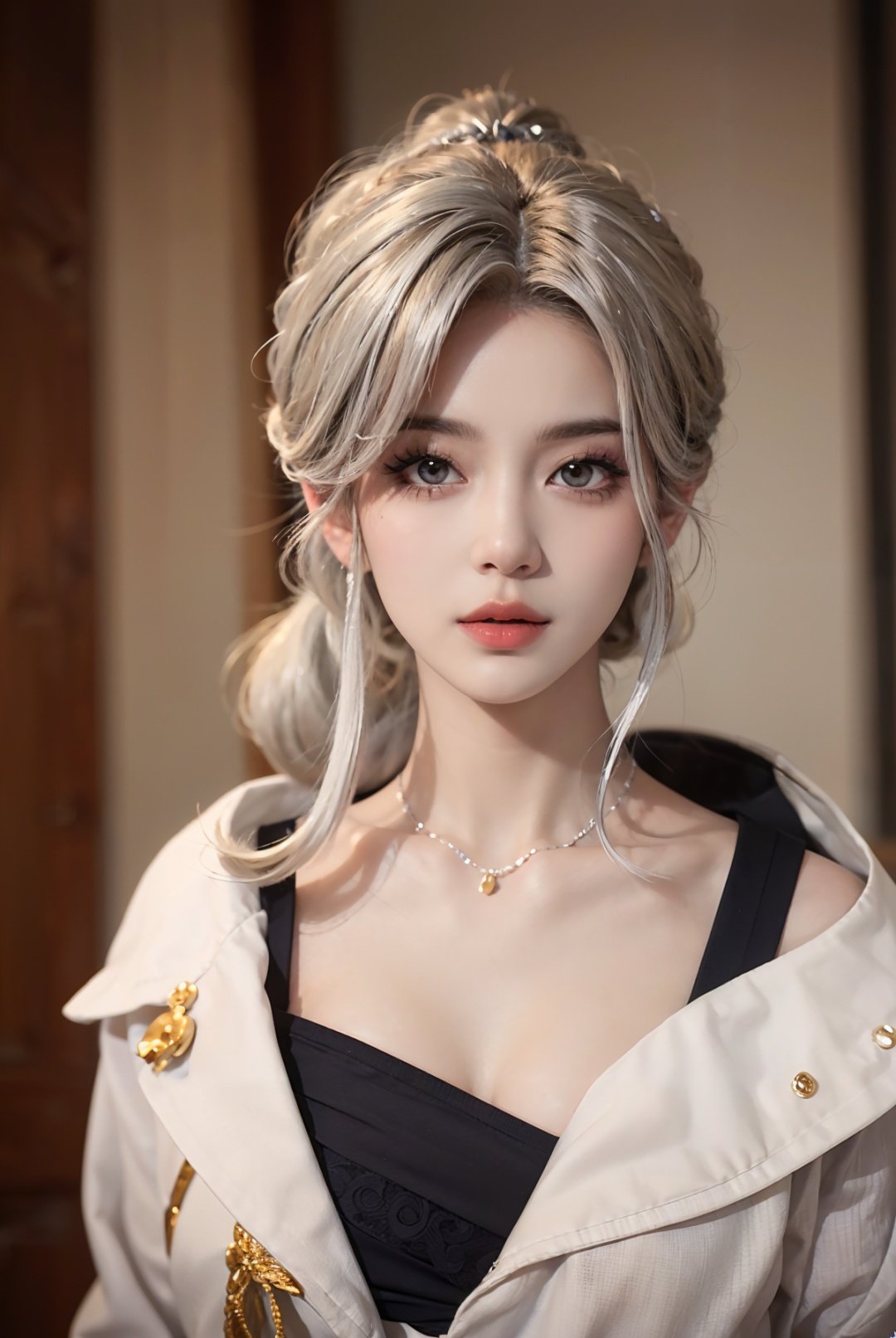 1girl,Best quality,masterpiece,ultra high res,intricate detail,finely detail,depth of field,(photorealistic:1.4),upper body,standing,looking at viewer,long hair,silver hair,parted bangs,straight hair,blusher,cute,shiny skin, <lora:yongzhou:0.7>