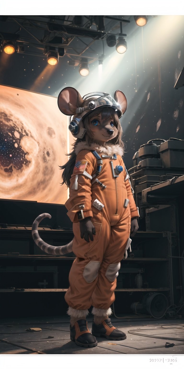 masterpiece, best quality,1girl,furry,galaxy,spaceship,mouse girl,side of stage,mouse ears,full bodyperfect light,dark skin,animal nose,solo,detail fur,small tailadorable,orange astronaut suit, cccp soviet ussr, looking at viewer,helmet, <lora:output_name:0.5>