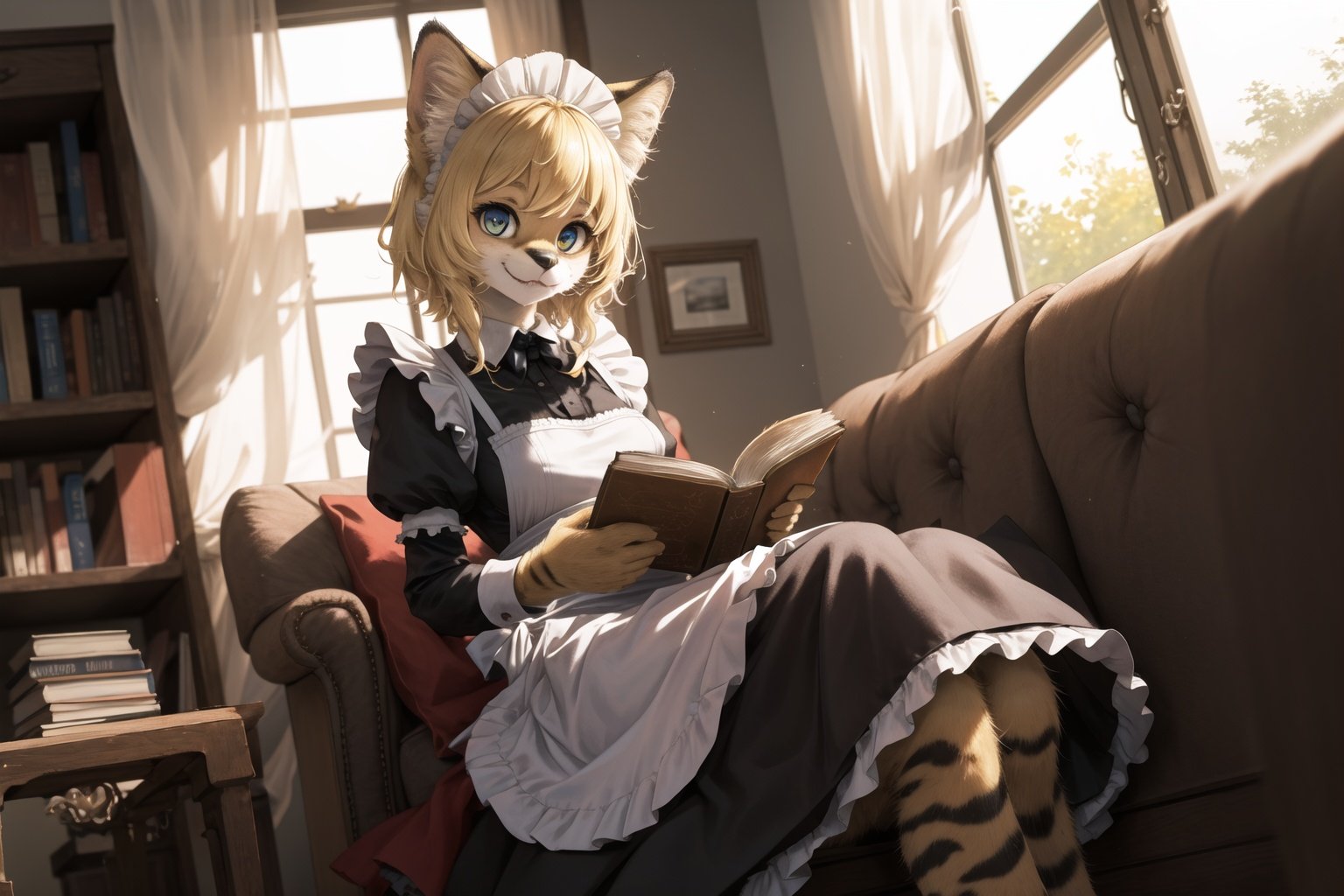 masterpiece, best quality,1girl,furry,reading book,blonde,servalcat,side of windows,perfect light,sit,kitten,adorable,maid dresss, looking at viewer,pov <hypernet:furry_kemono:0.3> <lora:servalcat:0.7>