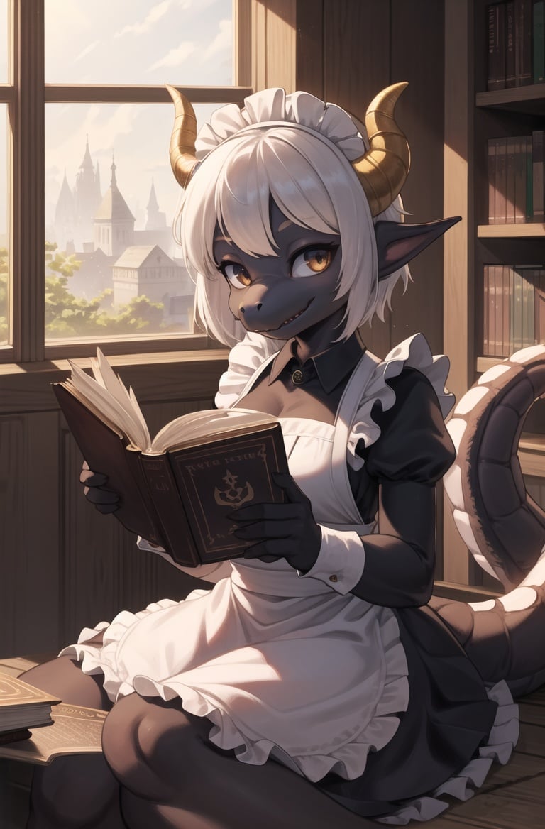 masterpiece, best quality,1girl,furry,reading book,horn,(Kobold:1.2),side of windows,perfect light,sit,dark skin,animal nose,solo,dragon female,tail,detail furadorable,maid dresss, looking at viewer