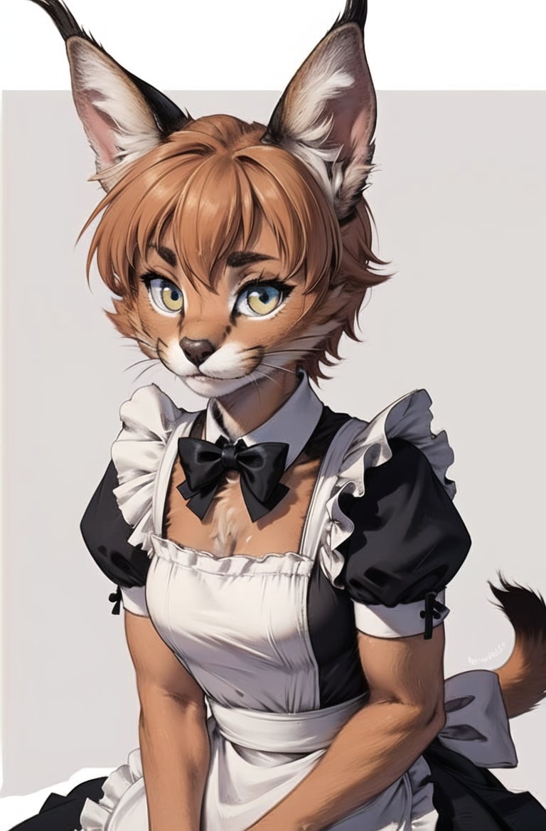 masterpiece, best quality,1girl,furrycaracal,caracalcat,ningmao,kitten,adorable,maid dresss, looking at viewer,<lora:Caracal:0.7> <hypernet:furry_kemono:0.5>