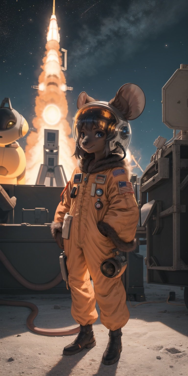 masterpiece, best quality,1girl,furry,galaxy,spaceship,mouse girl,side of stage,mouse ears,full bodyperfect light,dark skin,animal nose,solo,detail fur,small tailadorable,orange astronaut suit, cccp soviet ussr, looking at viewer,helmet, <lora:output_name:0.5>