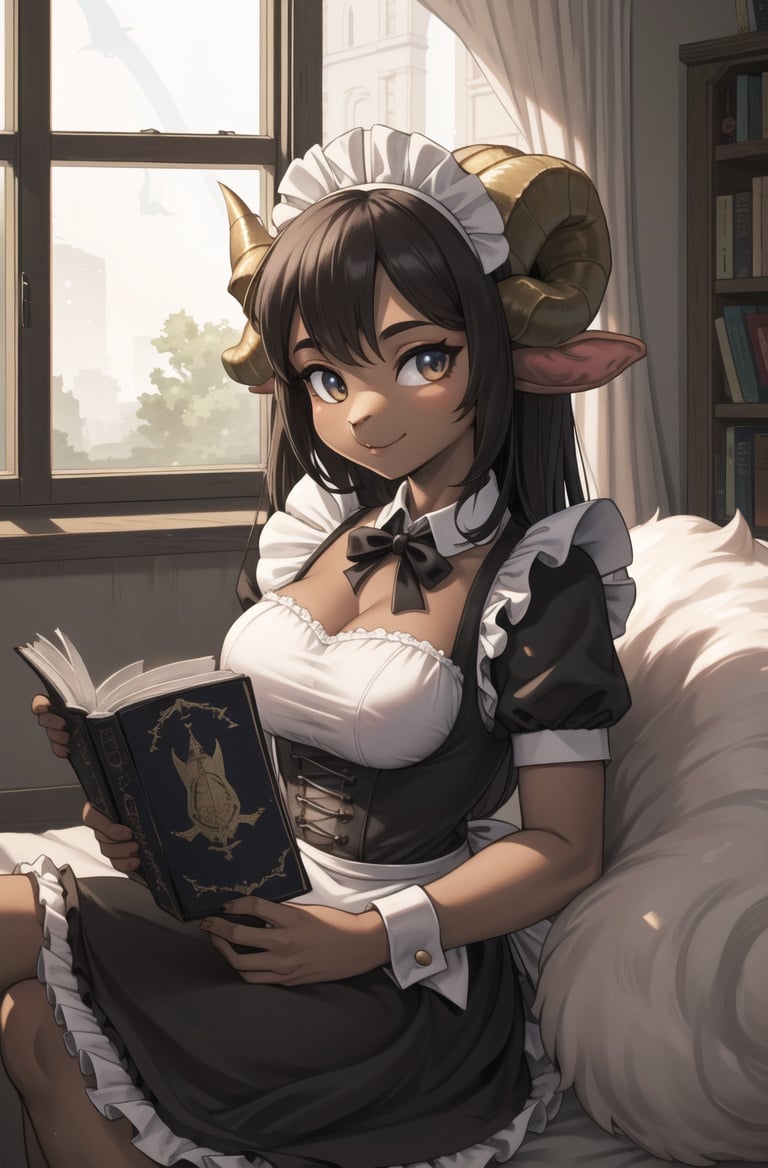 masterpiece, best quality,1girl,furry,reading book,horn,(sheep:1.2),side of windows,perfect light,sit,dark skin,animal nose,solo,dragon female,tail,detail furadorable,maid dresss, looking at viewer