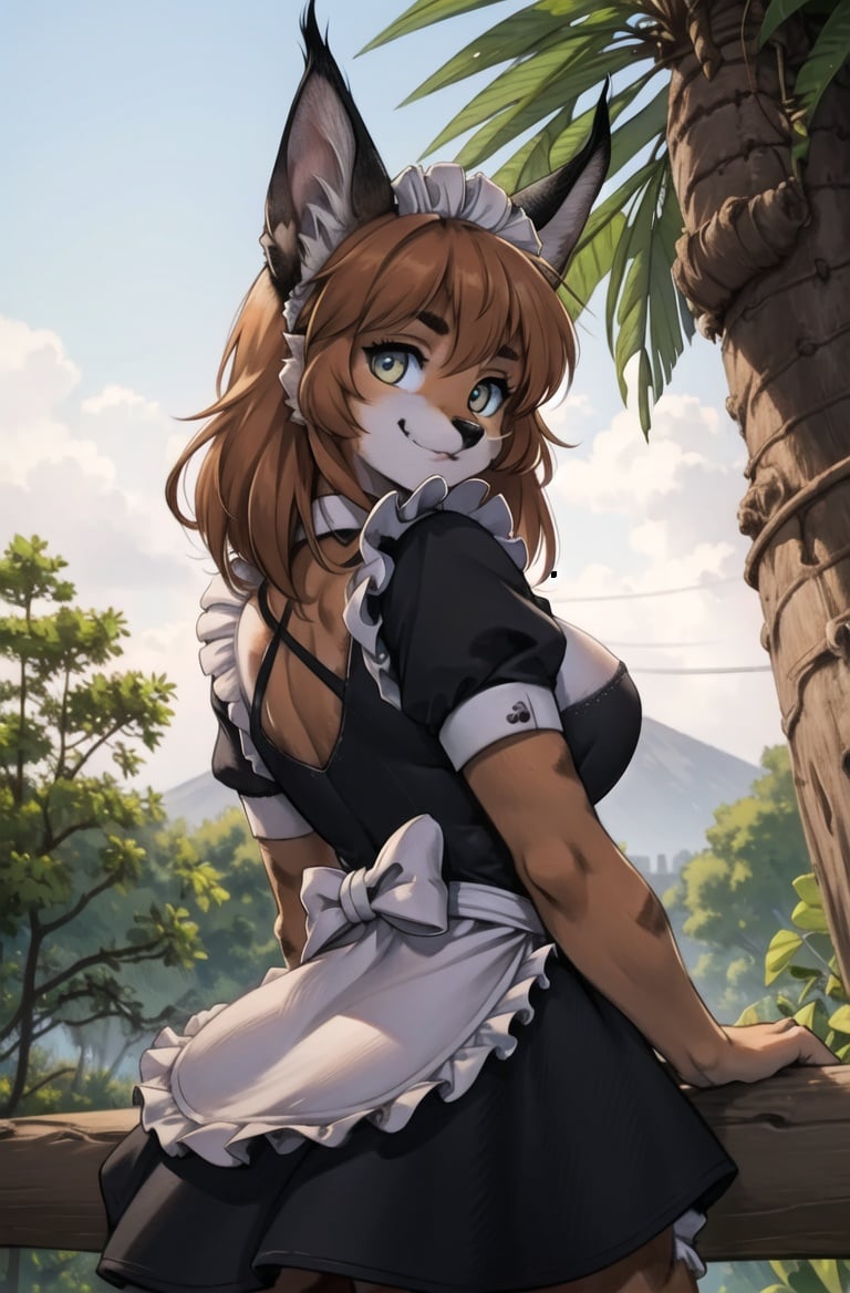 masterpiece, best quality,1girl,furry femal,outdoors,caracal,caracalcat,ningmao,kitten,adorable,maid dresss, looking at viewer,<lora:Caracal:0.7> <hypernet:furry_kemono:0.5> <lora:rd-rn-v3:0.5>