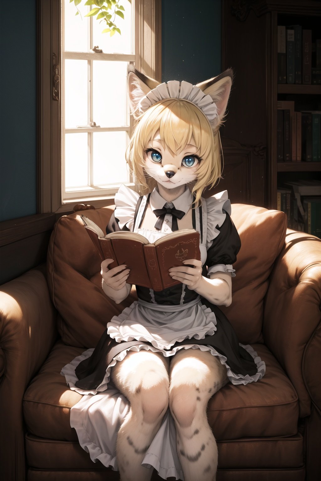 masterpiece, best quality,1girl,furry,reading book,blonde,servalcat,side of windows,perfect light,sit,kitten,adorable,maid dresss, looking at viewer, <hypernet:furry_kemono:0.3> <lora:servalcat:0.7>