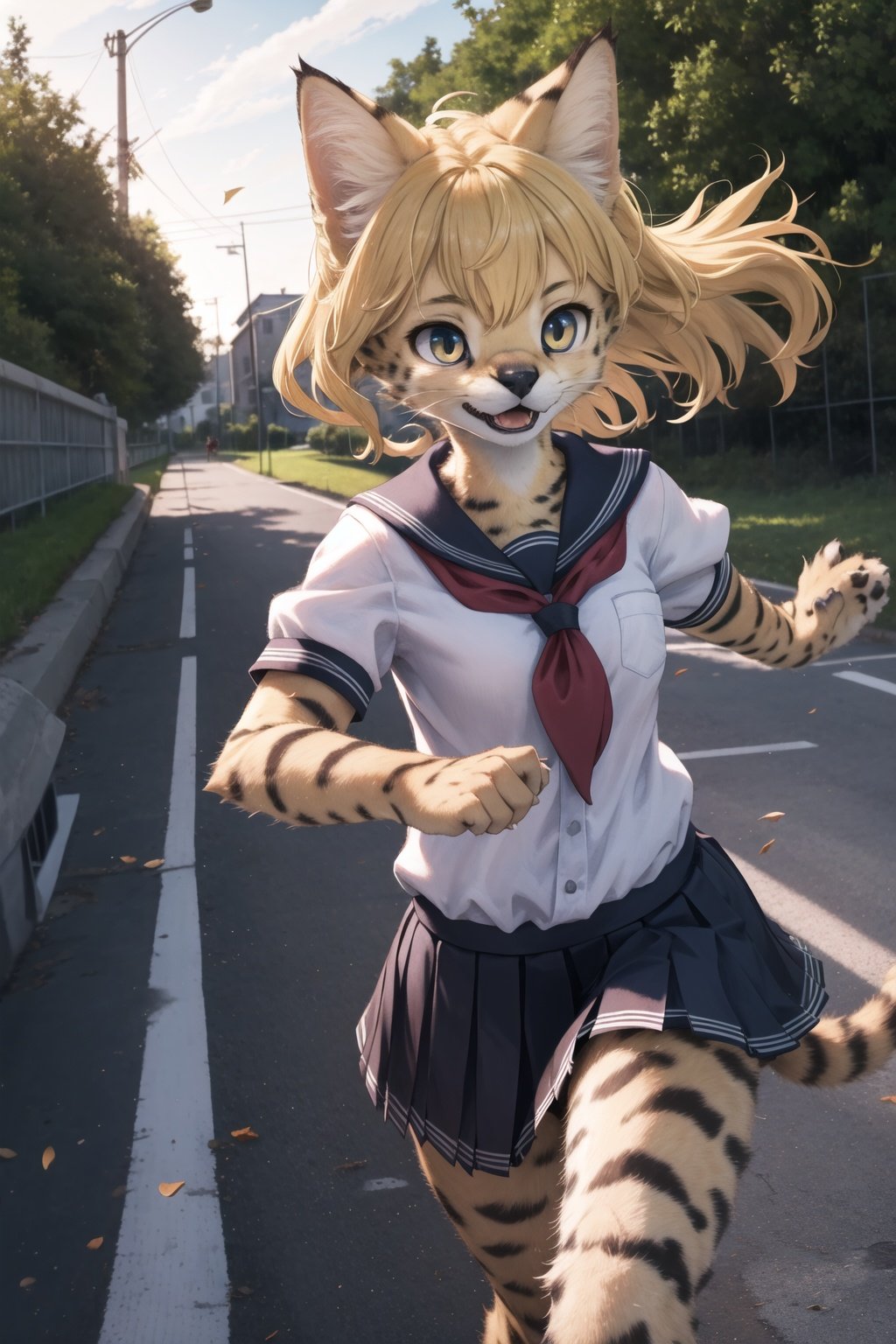 masterpiece, best quality,1girl,furry,road to school ,rim lighting,dynamic angleblonde,servalcat,perfect light,running faster,from above, ,kitten,adorable, looking away,school uniform,wind<hypernet:furry_kemono:0.4> <lora:servalcat:0.7>