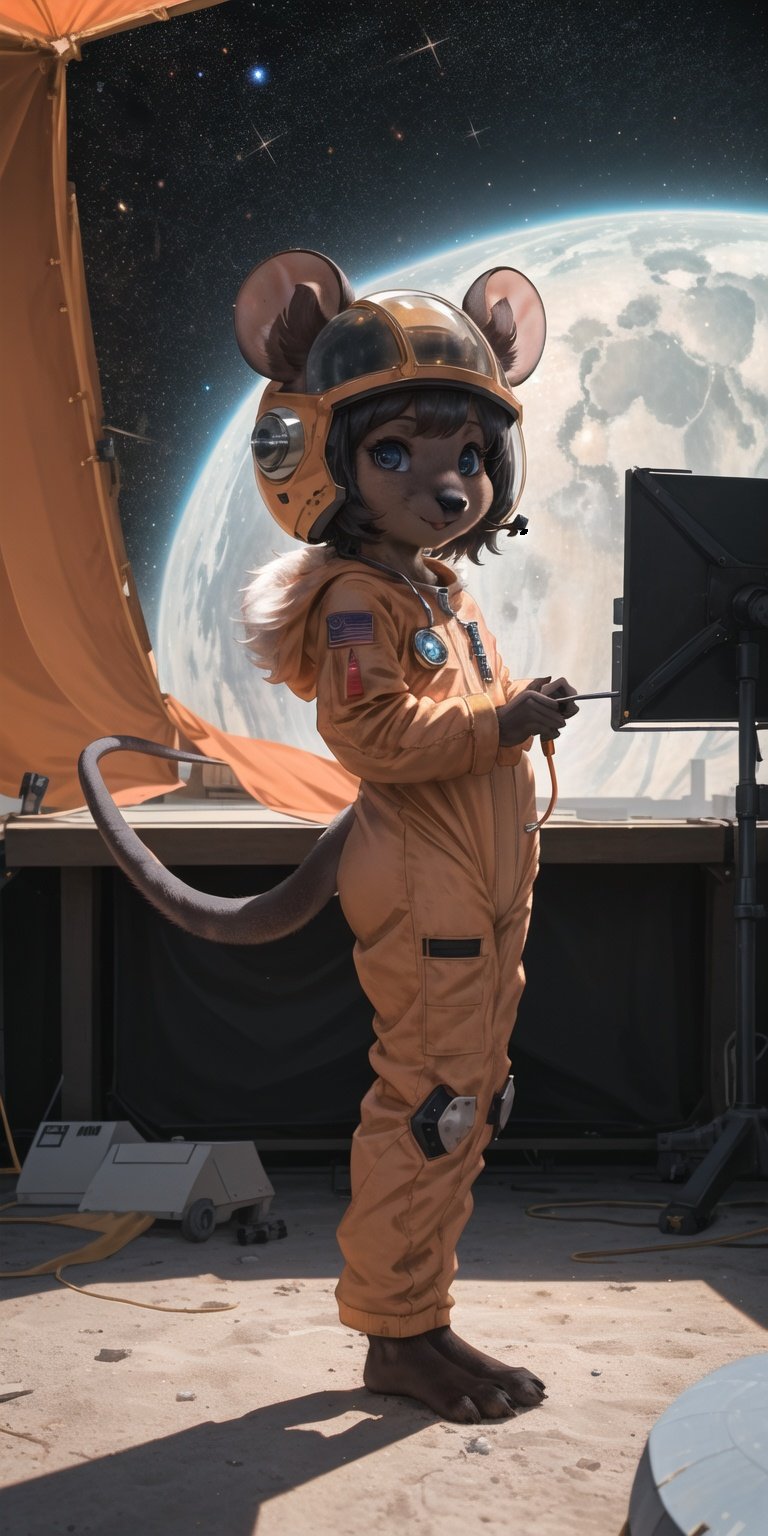 masterpiece, best quality,1girl,furry,galaxy,spaceship,mouse girl,side of stage,mouse ears,full bodyperfect light,dark skin,animal nose,solo,detail fur,small tailadorable,orange astronaut suit, cccp soviet ussr, looking at viewer,helmet, <lora:output_name:0.5>