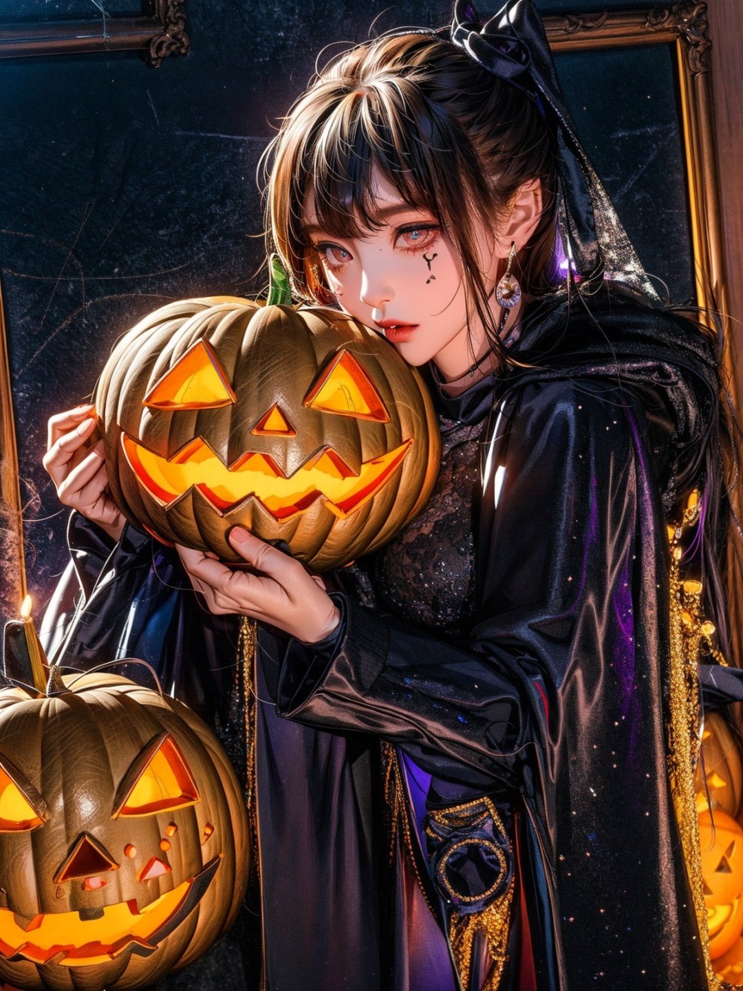 masterpiece,best quality,ultra-detailed,extremely detailed 8k wallpaper,1girl,upper body,dramatic angle,cinematic lighting,(Halloween),yueWS,Skirt,Gothic, yueWS,Halloween