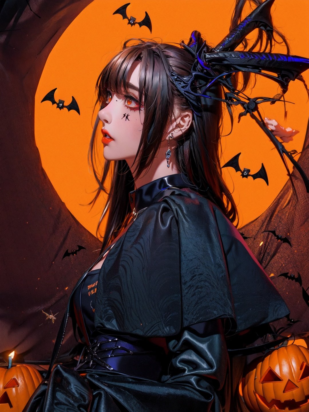 masterpiece,best quality,ultra-detailed,extremely detailed 8k wallpaper,1girl,upper body,dramatic angle,cinematic lighting,(Halloween),yueWS,Skirt,Gothic, yueWS,Halloween