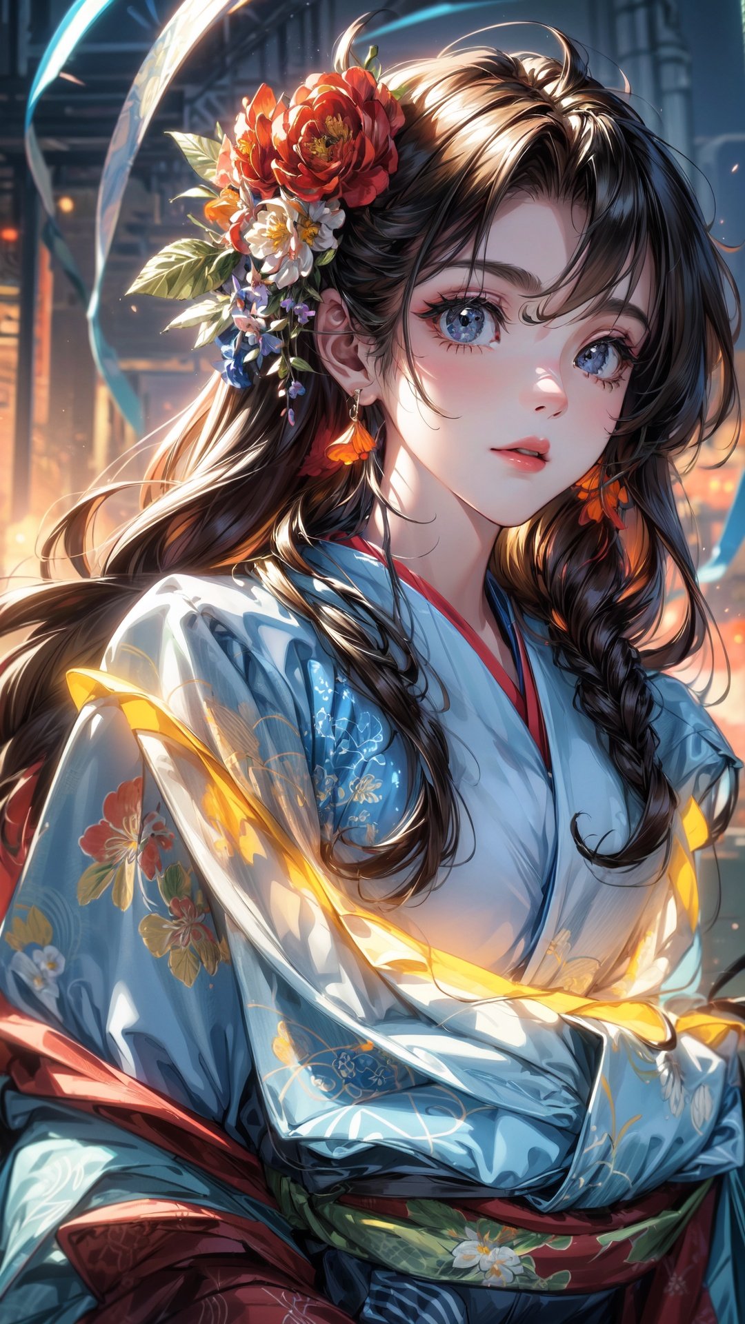 flowers,finely detail, Depth of field,(((masterpiece))),((extremely detailed CG unity 8k wallpaper)),best quality, high resolution illustration,,Amazing,highres,intricate detail,(best illumination, best shadow, an extremely delicate and beautiful), ,

full_moon,1girl,fox_mask,japanese_clothes,kimono,night,floral_print,solo,mask_on_head,flower,long_hair,outdoors,sun,looking_at_viewer,night_sky,moonlight,