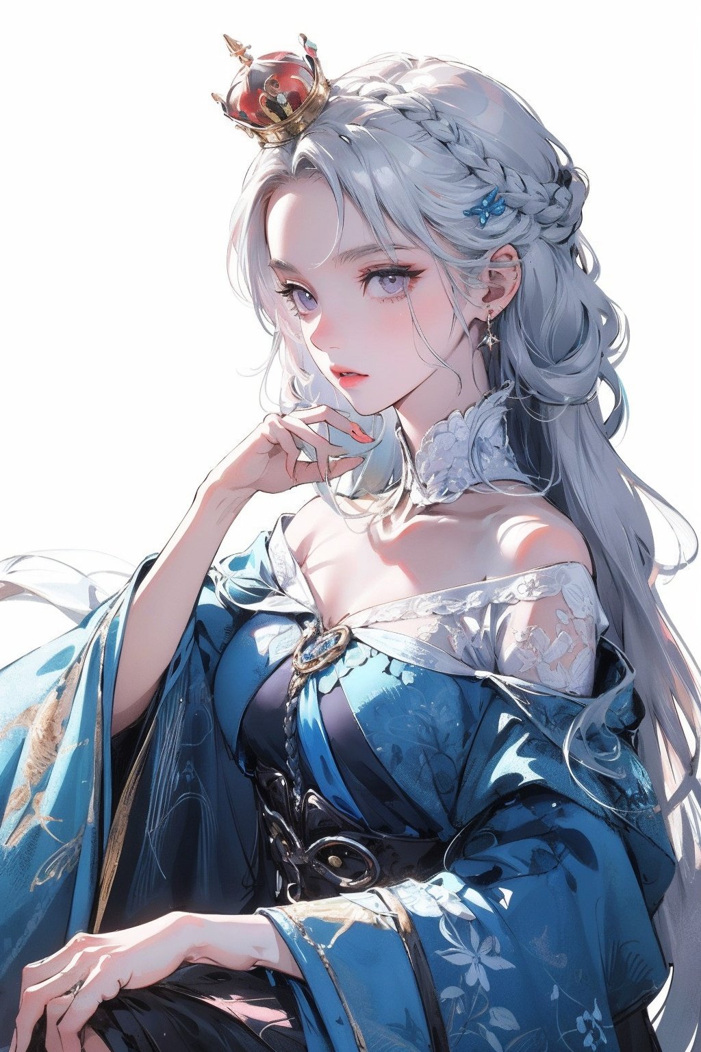 Best quality, highly detailed, masterpiece, ultra detailed, (reality: 1.2), 1 girl, (white background), simple background, delicate eyes, silver hair, purple eyes, hair_ornament, (white off-the-shoulder shirt: 1.3), long hair, pointy_ears, crown_braid, expressionless, straight hair, (++ sitting: 1.2), room,
