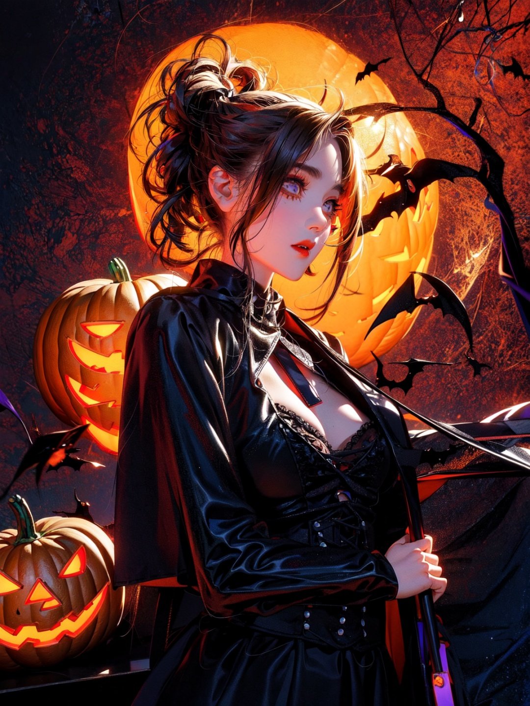 masterpiece,best quality,ultra-detailed,extremely detailed 8k wallpaper,1girl,upper body,dramatic angle,cinematic lighting,(Halloween),yueWS,Skirt,Gothic, yueWS,Halloween